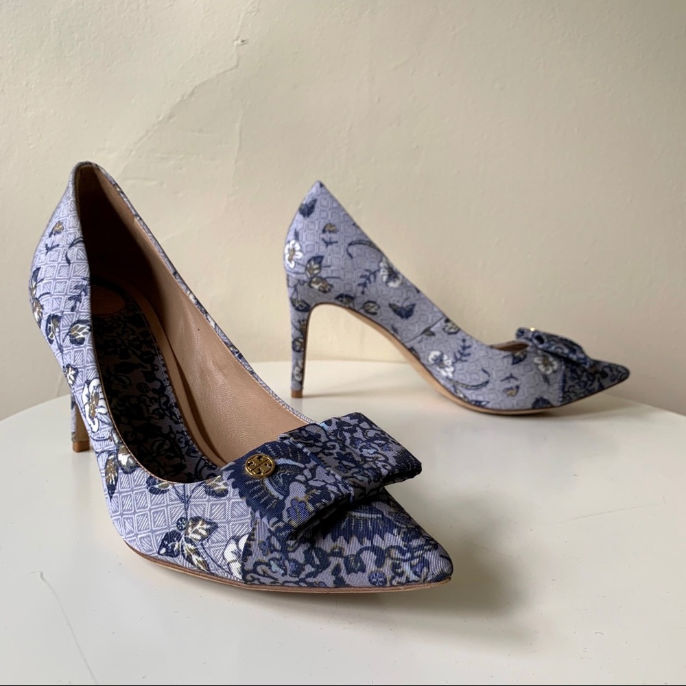 Tory Burch Blue Floral Bow Heels